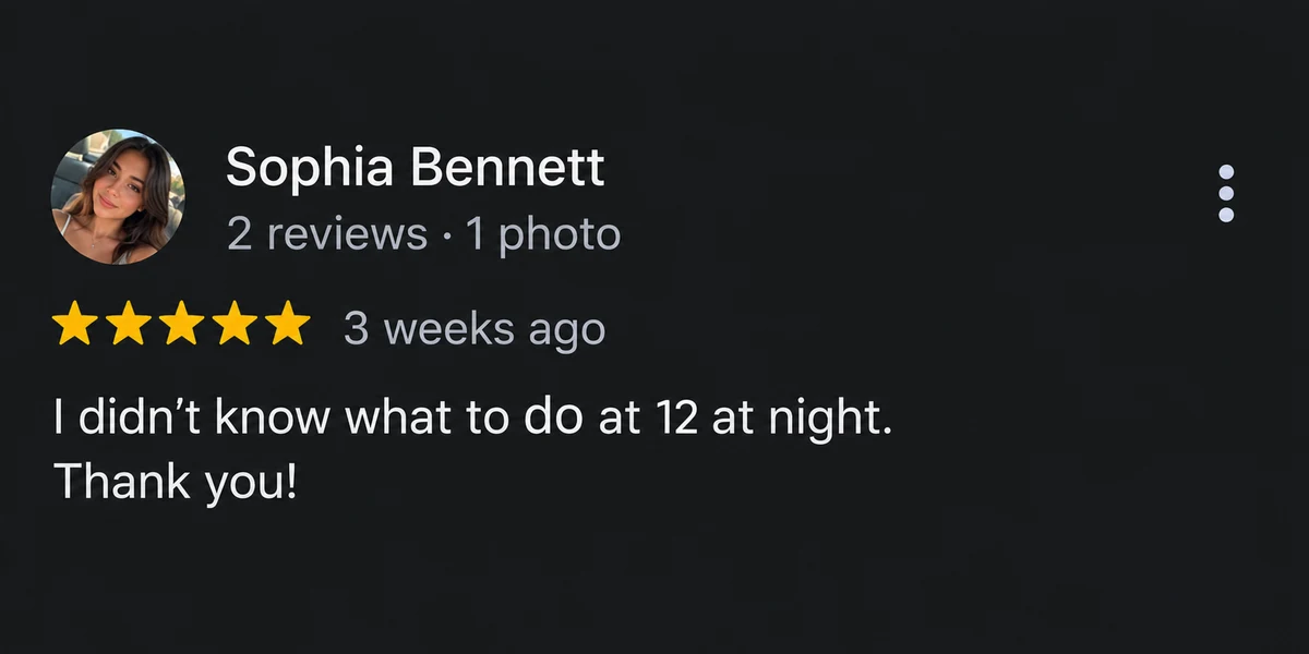 Google review by Sophia Bennett thanking the locksmith for late-night help.